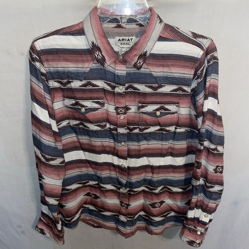 Ariat Real Women’s Western Shirt Size Medium Pink Brown White Pearl Snap Party